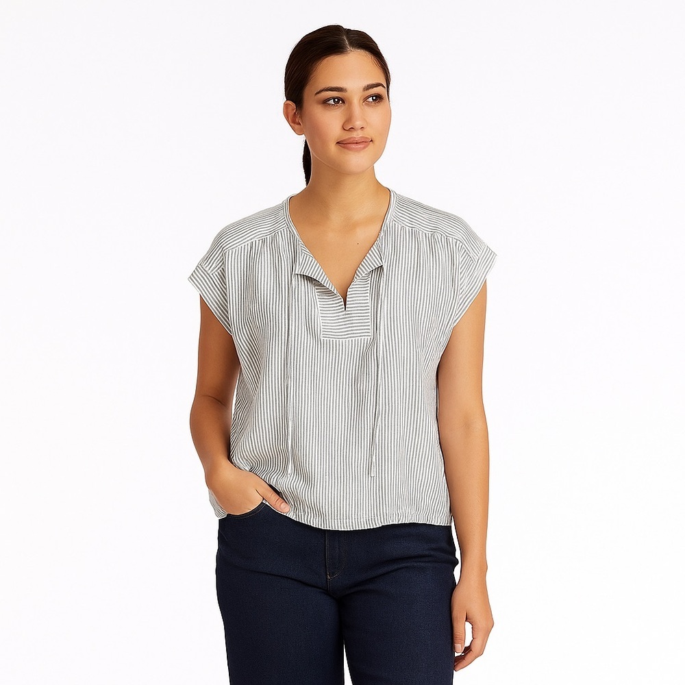 Elliott Lauren Women’s Small Stripe Linen Short Sleeve Blouse Tie Front Blouse